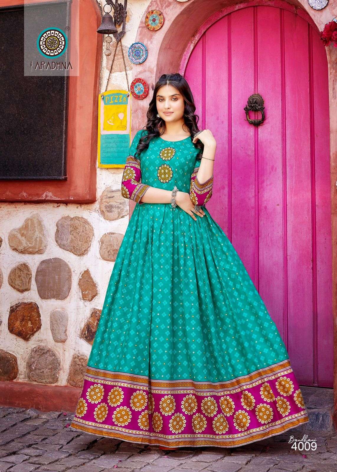 BANDHANI VOL 4 RAYON BANDHANI PRINT EMBROIDERY WORK LIVA TAG LONG GOWN KURTI BY ARADHNA BRAND 4009